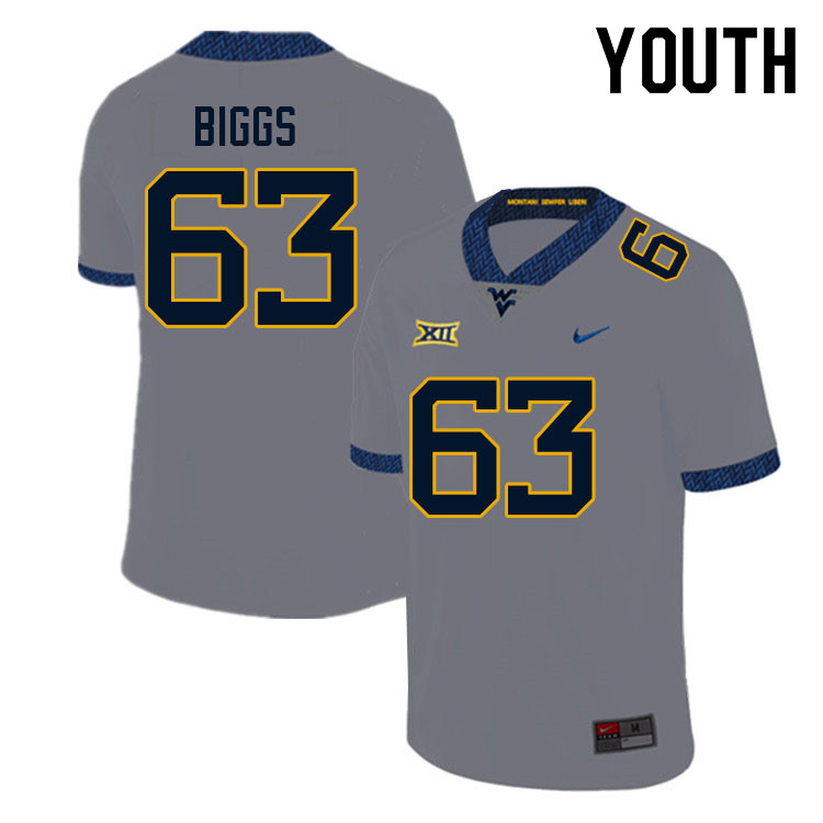 Youth #63 Bryce Biggs West Virginia Mountaineers College Football Jerseys Sale-Gray